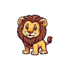 Obraz premium Cute Cartoon Lion Standing with Happy Expression. Vector illustration of a cute cartoon lion standing with a cheerful expression. The lion has a large mane and friendly eyes, conveying a sense happy