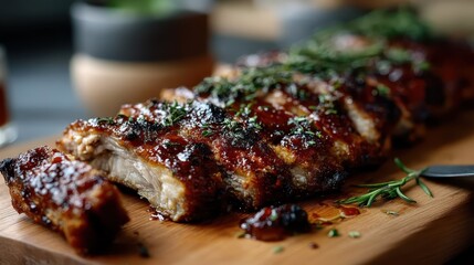 Juicy, barbecue ribs glazed with sauce and adorned with fresh herbs, plated elegantly on a wooden board, perfect for hearty meals or summer gatherings.