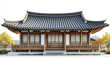 Obraz premium Traditional Korean house with autumn trees and mountains in background
