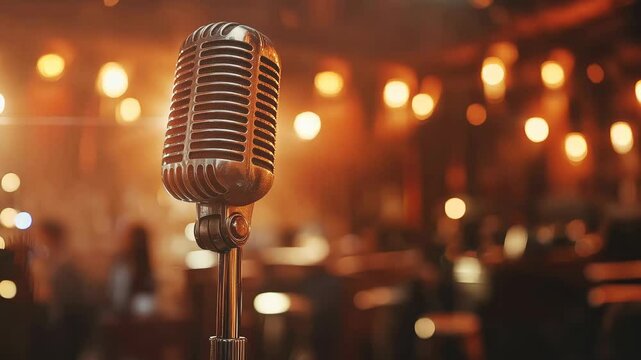 A microphone on a stage with stage lights shining on them, blurred stage background. v3
