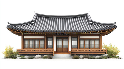 Obraz premium Traditional Korean house with wooden structure and tiled roof on white background