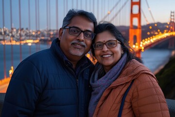Happy middle-aged Indian couple in glasses, standing at the Golden Gate Bridge at dusk, smiling warmly at the camera with city lights in the background. Close-up portrait capturing love and joy.