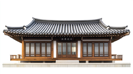 Fototapeta premium Traditional Korean house with wooden structure and tiled roof on white background
