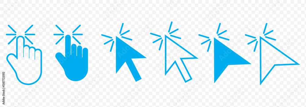 Aufkleber Blue Mouse click pointer icon set. Blue mouse cursor icon set. mouse cursor hand pointer. arrow pointer set. vector illustration on transparent background. EPS 10.