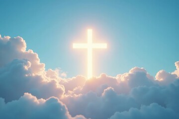 Softly glowing cross in white clouds against a light blue sky, cloud, illumination