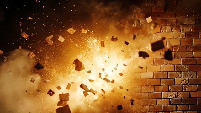 Spectacular slow motion shot of a brick wall exploding in a fiery burst