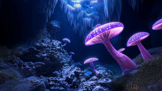 Glowing Purple Mushrooms in Dark Cave with Stalactites