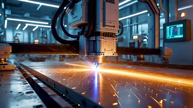 CNC laser cutting machine slicing metal sheet in industrial manufacturing plant