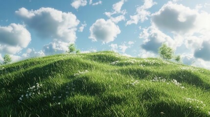A vibrant green hill under a bright blue sky, dotted with fluffy white clouds, showcasing a serene and picturesque natural landscape.