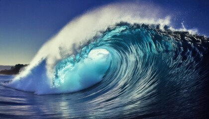 Powerful ocean wave crashing, creating a tunnel with blue water