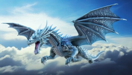 Ice Dragon soaring through the sky with wings spread wide open