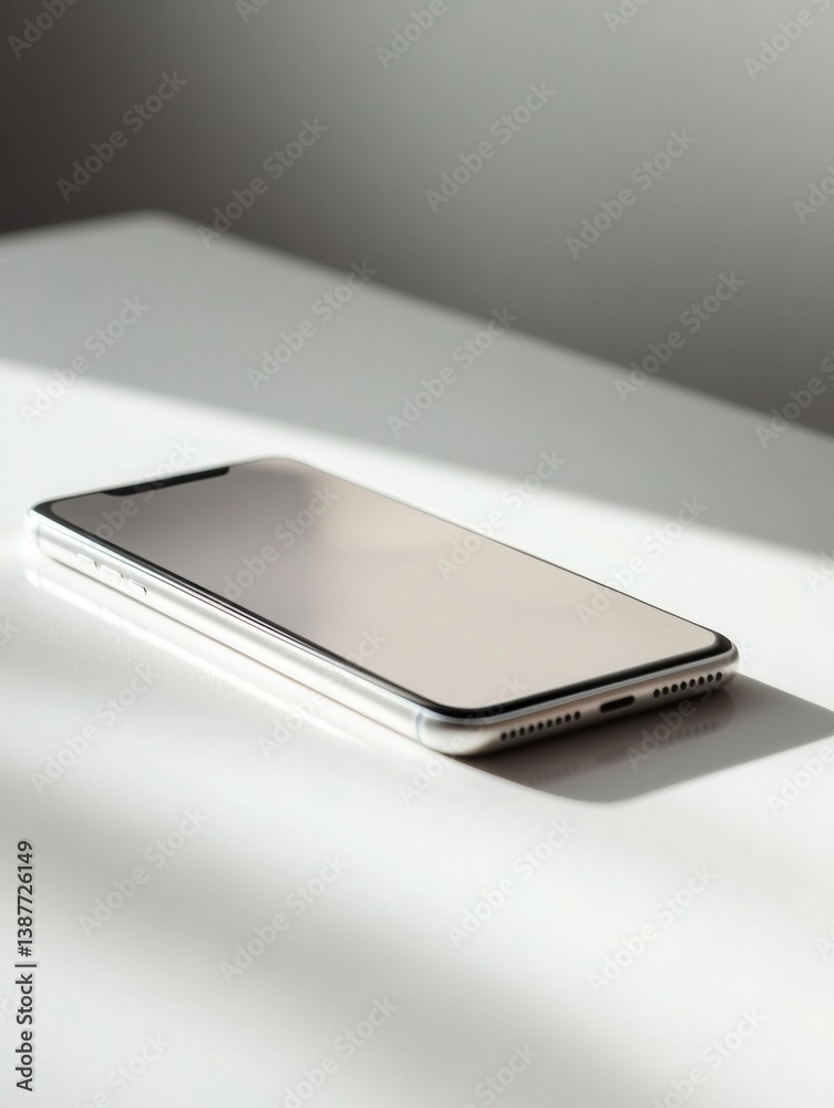 Poster Sleek modern smartphone on clean white surface with soft diffused lighting showcasing minimalist design
