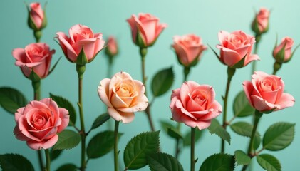 Obraz premium Small-scale repeating rosebuds, light green leaves, leaves pattern, simple pattern, aesthetic