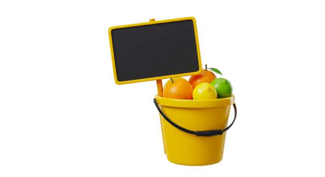 A yellow bucket filled with oranges lemons and limes with a blank black sign on a black background