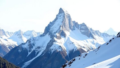 Obraz premium Snow-covered mountain peak against bright white sky, natural, white, scene