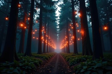 Naklejka premium Twinkling lights in the forest canopy at dusk, sunset, dusk, twinkling lights