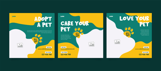 Set of pet care promotion Instagram banner.  Social media template pack. Pet adoption social media post template. Pet shop social media carousel template. 