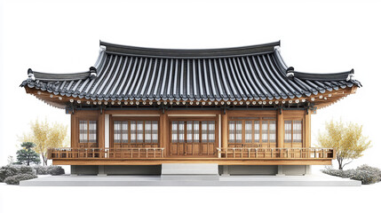 Obraz premium Traditional Korean house with wooden structure and curved roof