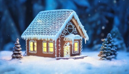 Enchanting Gingerbread House Glowing Warmly in a Snowy Winter Wonderland