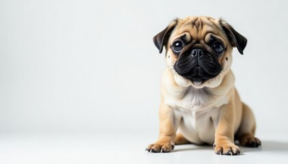 Obraz premium Solo pug, looking directly at camera, on plain white backdrop, canine portrait, puppy