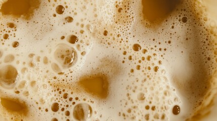 Extreme close-up view of creamy coffee foam texture with rich bubbles and abstract pattern on surface. Concept of caffeine, beverage detail, and morning freshness