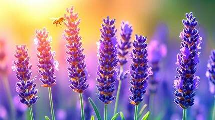 Naklejka premium Vibrant lavender fields stretch endlessly under a golden sunset, inviting tranquility and beauty in full bloom