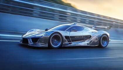 Futuristic Sportscar Driving Fast on a Racetrack at High Speed Motion