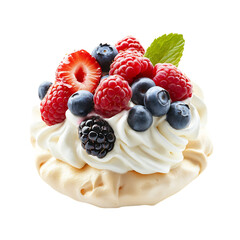 A Delicate Pavlova Topped with Whipped Cream and Fresh Berries Isolated on Transparent Background
