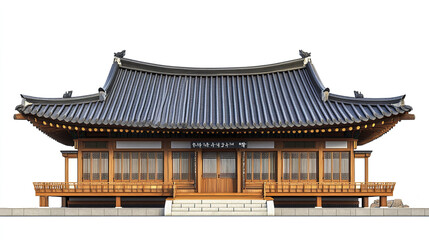 Naklejka premium Traditional Korean house with wooden structure and tiled roof