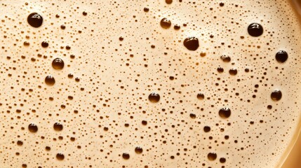 Extreme close-up view of creamy coffee foam texture with rich bubbles and abstract pattern on surface. Concept of caffeine, beverage detail, and morning freshness