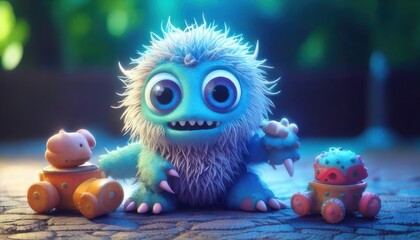 Cute blue monster playing with toys in a whimsical outdoor setting