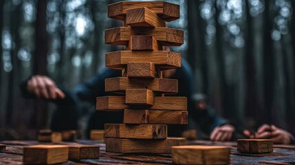 Outdoor team challenge with vibrant giant Jenga in a forest setting fostering fun and excitement among players