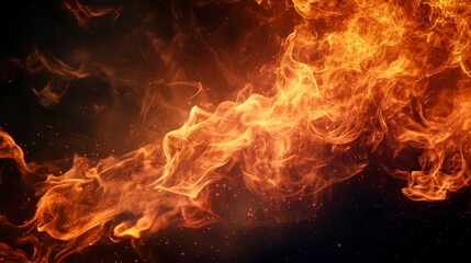 Fototapeta premium Fiery orange and yellow flames with sparks on black background.