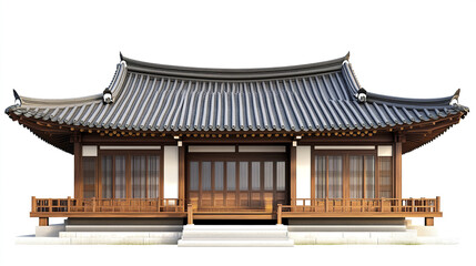 Fototapeta premium Traditional Korean house with wooden details and curved roof on white background