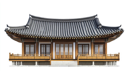 Obraz premium Traditional Korean house with wooden structure and tiled roof on white background