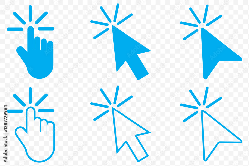 Aufkleber Blue Mouse click pointer icon set. Blue mouse cursor icon set. mouse cursor hand pointer. arrow pointer set. vector illustration on transparent background. EPS 10.