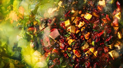 double exposure of tofu blending into a Chinese New Year feast, showcasing its role in festive celebrations and symbolic dishes. tofu, Chinese New Year, festive food, double exposure, cultural 