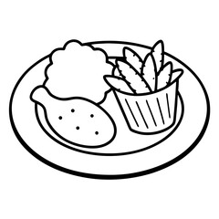 Plate with French Fries and Chicken Schnitzel Coloring Book Page Line Art Drawing