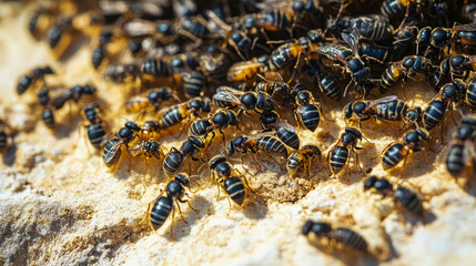 Swarm of Native Bees Constructing a Hive: Close-up of industrious insects building a nest with collective labor