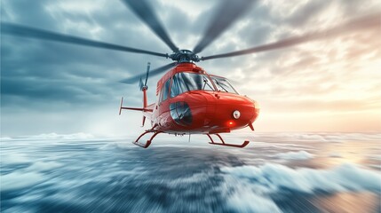 Helicopter in Motion over the Sea: A dynamic image capturing a vibrant red helicopter in flight above the turbulent sea, the spinning rotor blades creating a sense of speed and purpose.