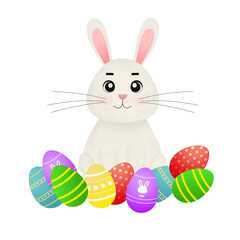 easter bunny with colorful decorated easter eggs Isolated on transparent background, png image 