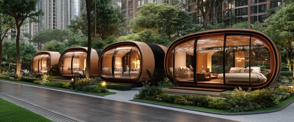 Fototapeta premium Modern, Eco-Friendly Tiny Homes in a Lush Setting