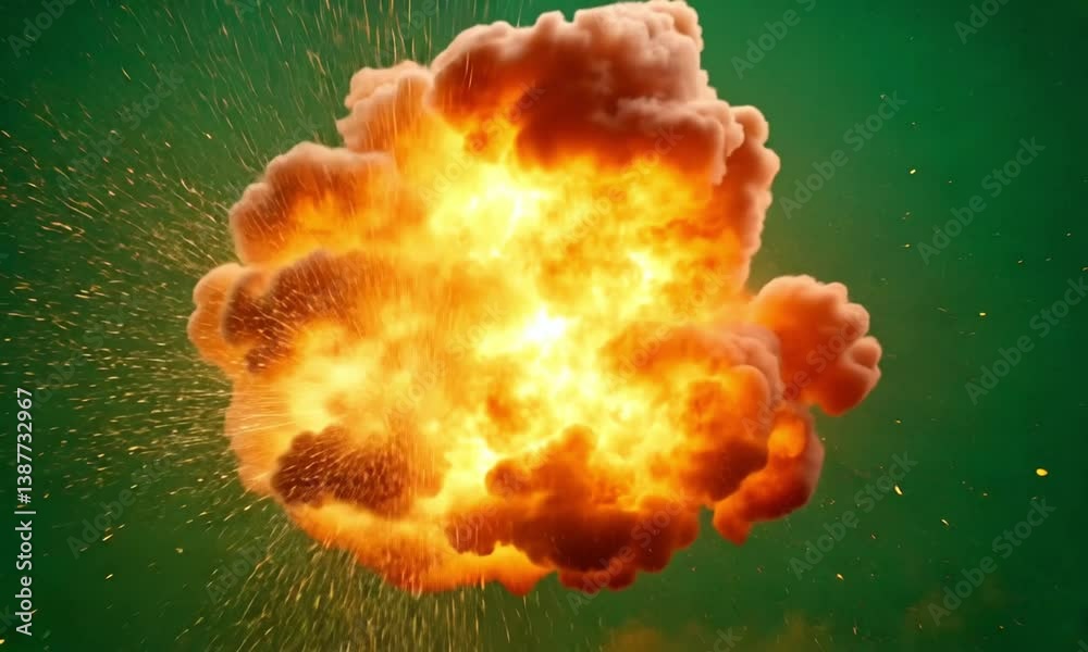 Canvas Prints high-energy burst of flames exploding in slow motion with sparks heat distortion and smoke on green 