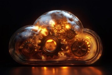 Transparent cloud featuring golden gears spinning inside, illustrating the complex mechanics of online data storage and processing