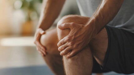 Fototapeta premium Man suffering from knee pain after exercising at home