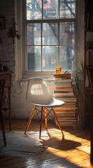 Sunlight streams into a cozy room, highlighting a simple chair and stack of books beside a large window