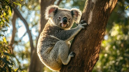 Australian koala in tree, sunlight, forest background, wildlife, nature