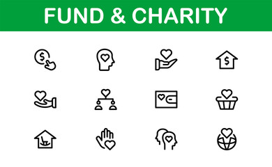 Professional Fund and Charity Icon Set Vector Illustration. Most Useful Icons for Donations, Volunteering, and Social Good