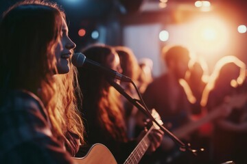 Obraz premium Female musician entertaining crowd with live music, singing and playing guitar on stage under lights