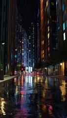 Fototapeta premium Serene nighttime urban scene tall buildings, rainy streets, and glimmering reflections in puddles